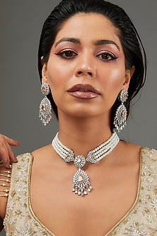 White Finish Faux Diamond & Peach Stone Choker Necklace Set
