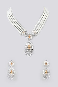 White Finish Faux Diamond & Peach Stone Choker Necklace Set