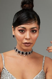 White Finish Faux Diamond & Blue Stone Choker Necklace Set