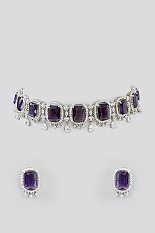 White Finish Faux Diamond & Blue Stone Choker Necklace Set