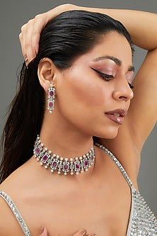 White Finish Faux Diamond & Pink Stone Choker Necklace Set