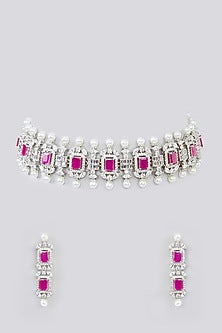 White Finish Faux Diamond & Pink Stone Choker Necklace Set