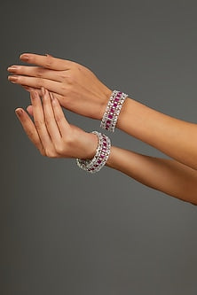 White Finish Faux Diamond & Pink Stone Bangles (Set of 2)