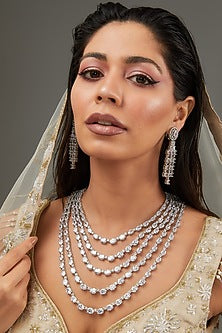 White Finish Faux Diamond Layered Necklace Set