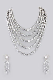 White Finish Faux Diamond Layered Necklace Set