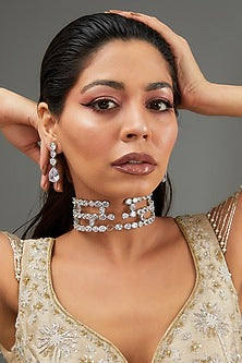 White Finish Faux Diamond Choker Necklace Set