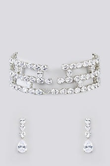White Finish Faux Diamond Choker Necklace Set