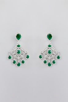 White Finish Faux Diamond & Green Stone Dangler Earrings