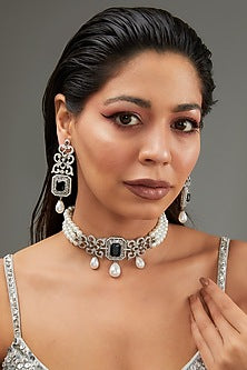 White Finish Faux Diamond & Pearl Choker Necklace Set