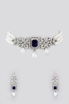 White Finish Faux Diamond & Pearl Choker Necklace Set