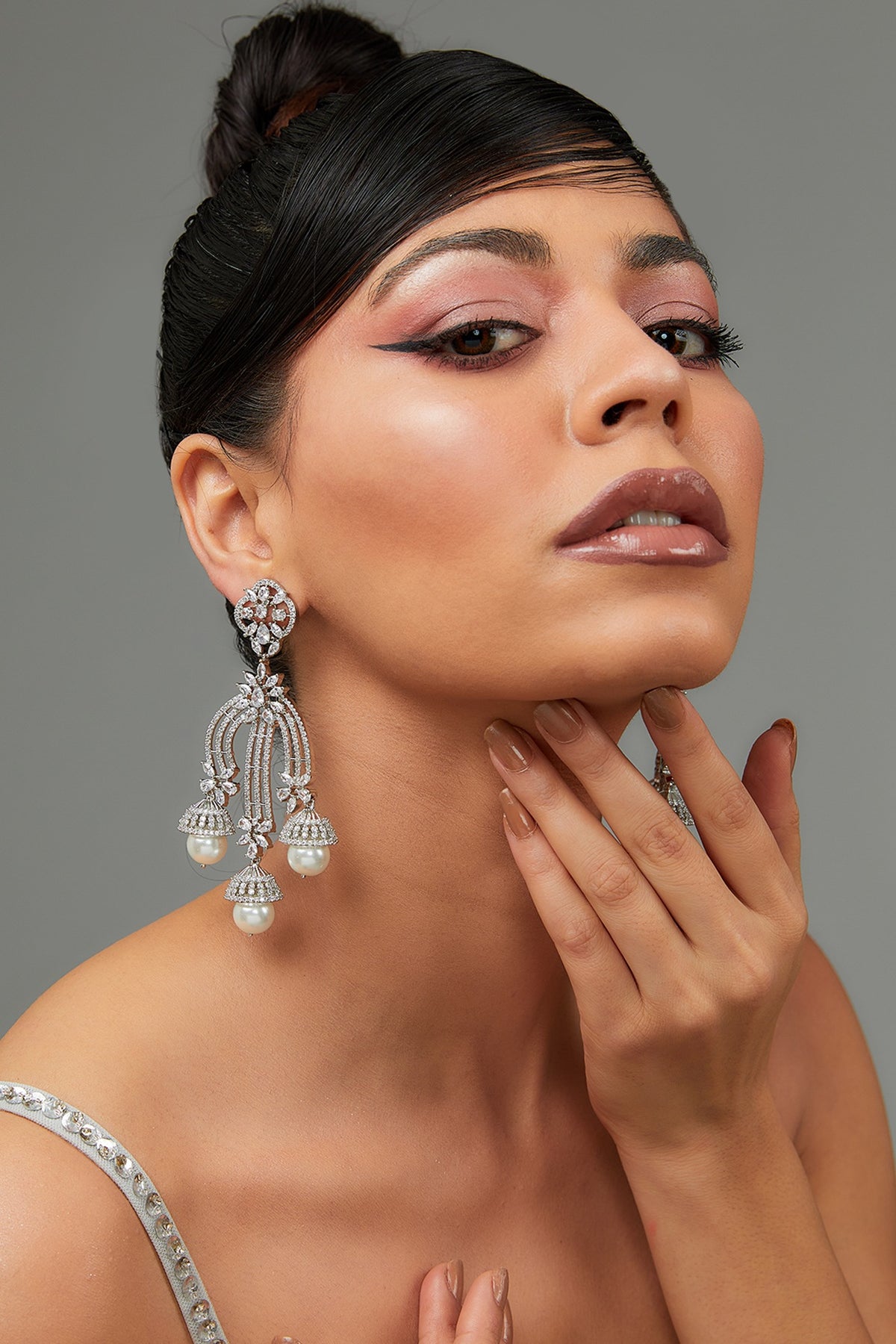 White Finish Faux Diamond Dangler Earrings
