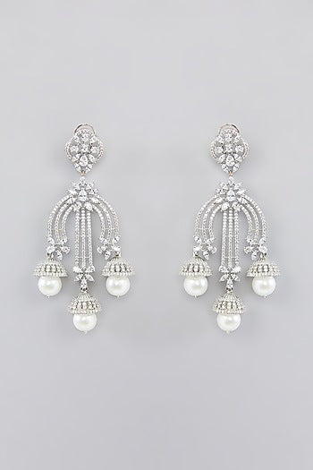 White Finish Faux Diamond Dangler Earrings