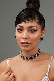 White Finish Faux Diamond & Blue Stone Choker Necklace Set
