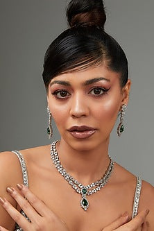White Finish Faux Diamond & Green Stone Necklace Set