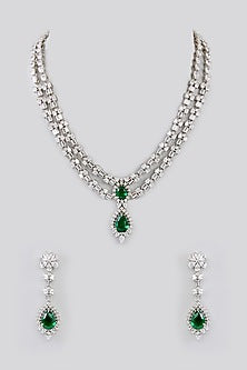 White Finish Faux Diamond & Green Stone Necklace Set