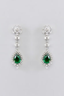 White Finish Faux Diamond & Green Stone Necklace Set
