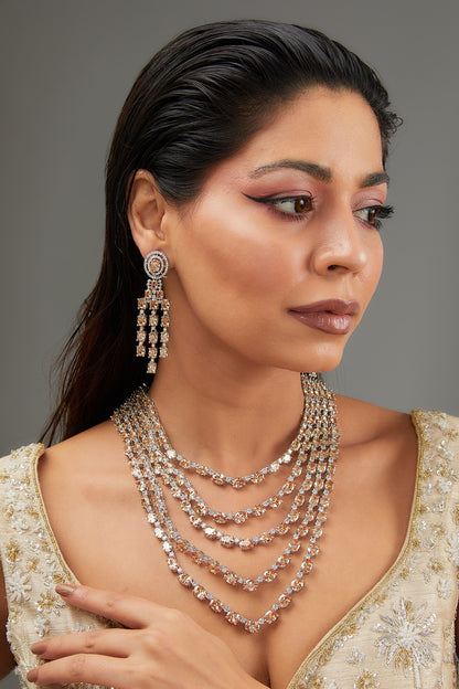 White Finish Faux Diamond Layered Necklace Set