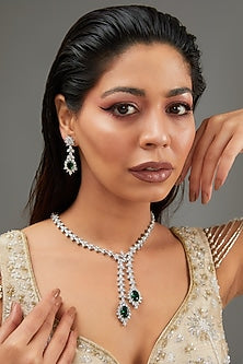White Finish Faux Diamond & Green Stone Necklace Set
