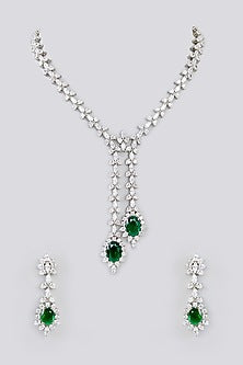 White Finish Faux Diamond & Green Stone Necklace Set