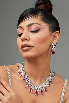 White Finish Faux Diamond & Ruby Stone Necklace Set