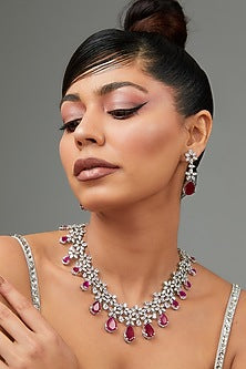 White Finish Faux Diamond & Ruby Stone Necklace Set