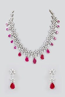 White Finish Faux Diamond & Ruby Stone Necklace Set