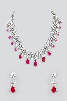White Finish Faux Diamond & Ruby Stone Necklace Set