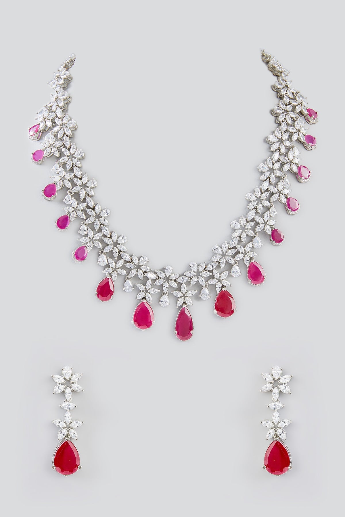 White Finish Faux Diamond & Ruby Stone Necklace Set