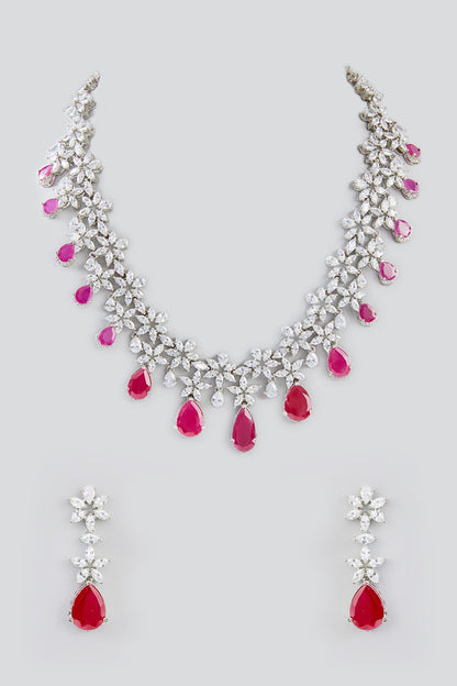 White Finish Faux Diamond & Ruby Stone Necklace Set