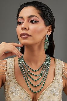 White Finish Faux Diamond & Emerald Layered Necklace Set