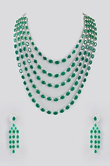 White Finish Faux Diamond & Emerald Layered Necklace Set