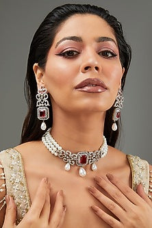 White Finish Faux Diamond & Pearl Choker Necklace Set