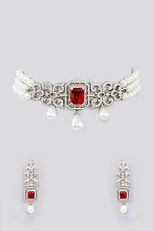 White Finish Faux Diamond & Pearl Choker Necklace Set