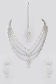 White Finish Faux Diamond Layered Necklace Set