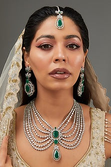 White Finish Faux Diamond Layered Necklace Set