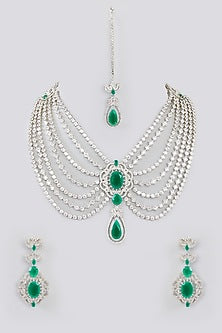 White Finish Faux Diamond Layered Necklace Set