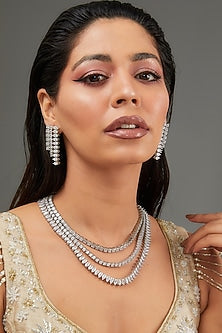 White Finish Faux Diamond Layered Necklace Set