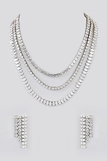 White Finish Faux Diamond Layered Necklace Set