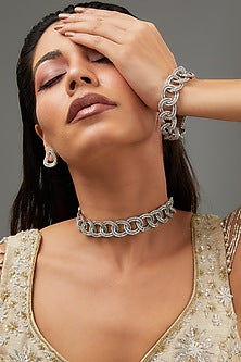 White Finish Faux Diamond Choker Necklace Set