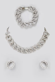 White Finish Faux Diamond Choker Necklace Set