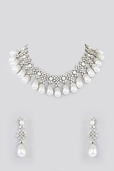 White Finish Faux Diamond & Pearl Necklace Set