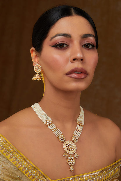 Gold Finish Kundan Polki & Pearl Long Necklace Set