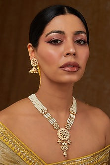 Gold Finish Kundan Polki & Pearl Long Necklace Set