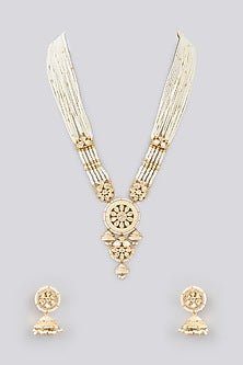 Gold Finish Kundan Polki & Pearl Long Necklace Set