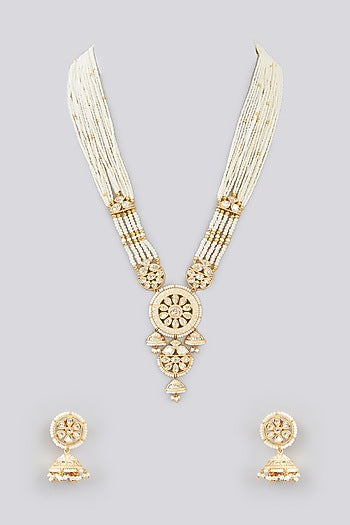 Gold Finish Kundan Polki & Pearl Long Necklace Set