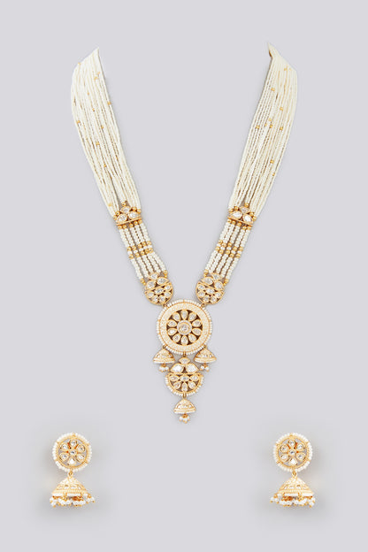 Gold Finish Kundan Polki & Pearl Long Necklace Set