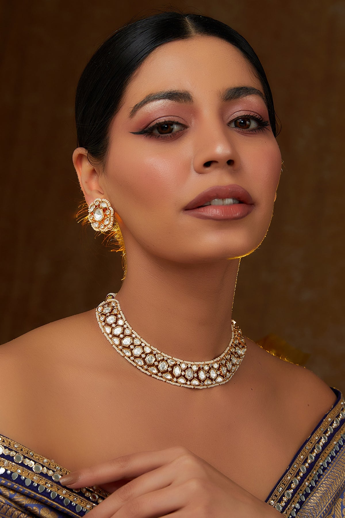 Gold Finish Kundan Polki Choker Necklace Set