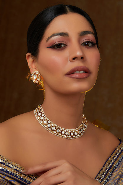 Gold Finish Kundan Polki Choker Necklace Set