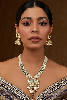 Gold Finish Kundan Polki & Pearl Long Necklace Set
