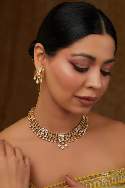 Gold Finish Kundan Polki Choker Necklace Set